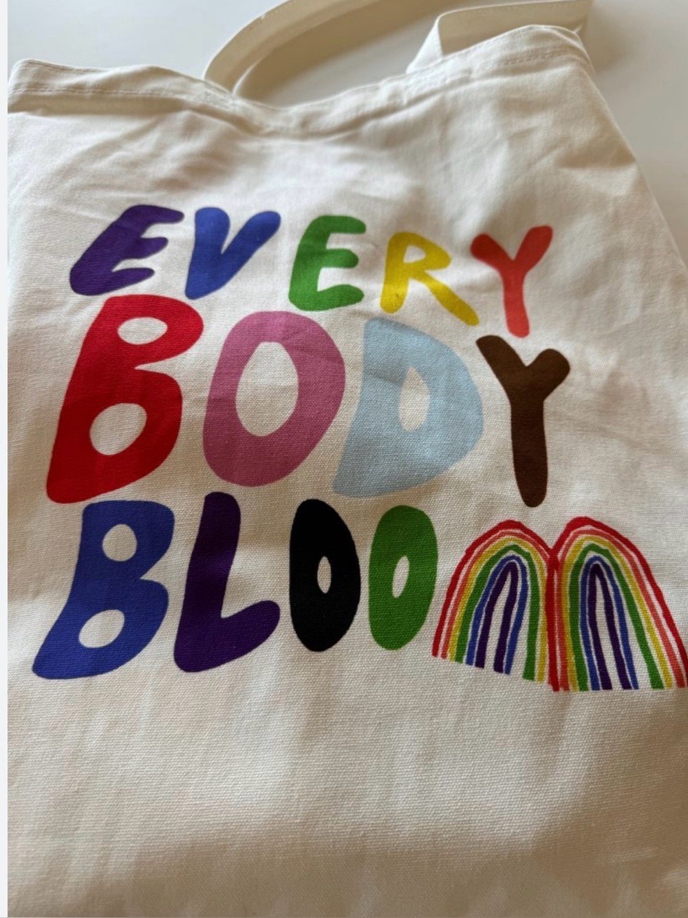 "EVERYBODY BLOOM" COLOURFUL TOTE BAG, BEACH BAG, DENIM LIKE FABIC